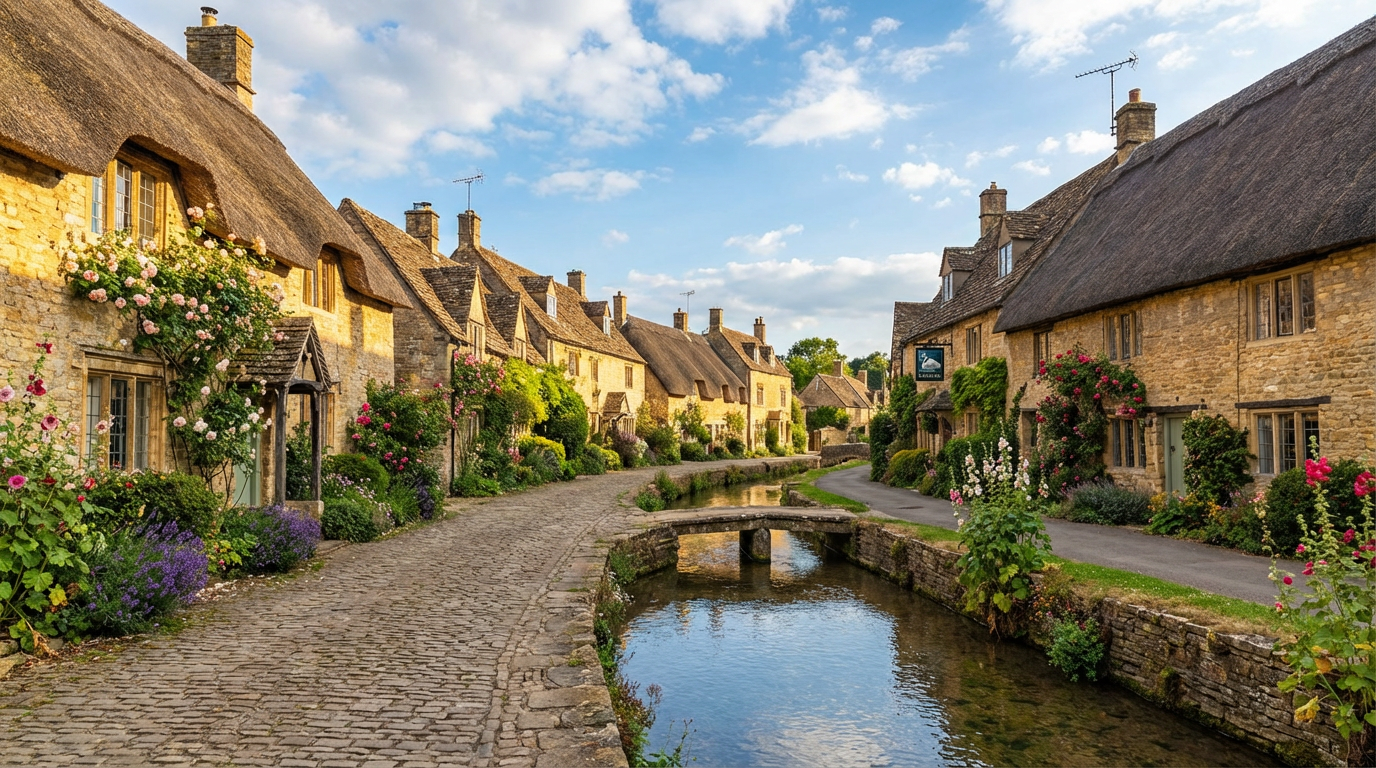 Beautiful Cotswold stone village in Oxfordshire with honey-coloured limestone cottages