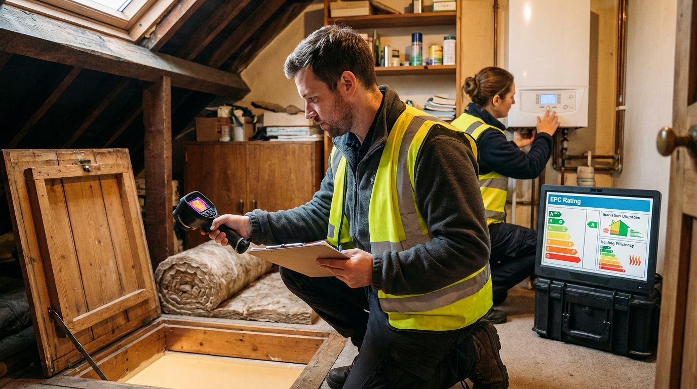 Surveyor checking insulation and boiler in an older Oxford home for EPC energy efficiency rating