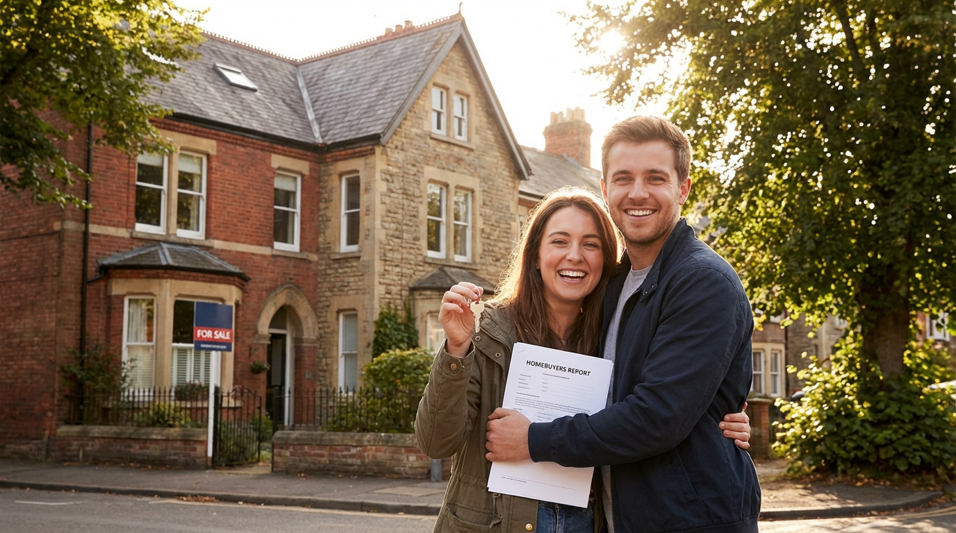 Young couple celebrating buying their first home in Oxford holding keys and a survey report