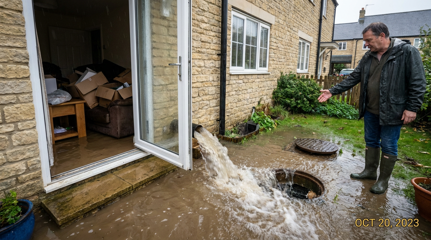 Flooded property in Oxford showing water damage and drainage problems after heavy rain