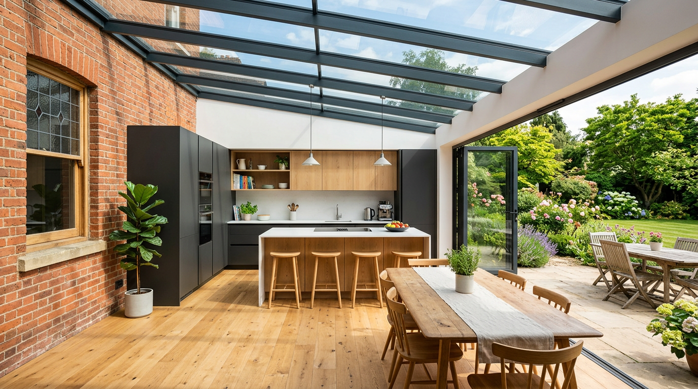 Modern glass kitchen extension on a Victorian Oxford house with bifold doors