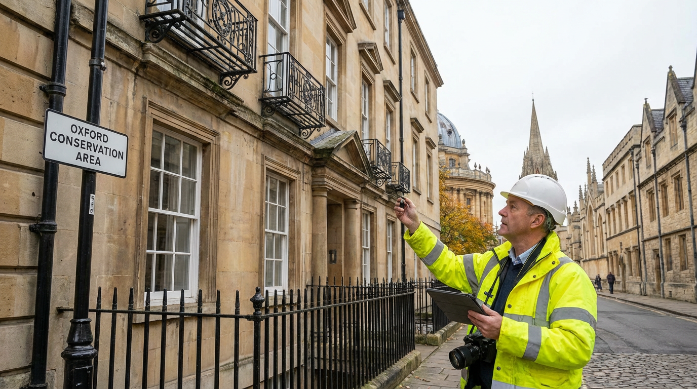 Georgian heritage stone building in Oxford being surveyed by a professional showing period architectural details