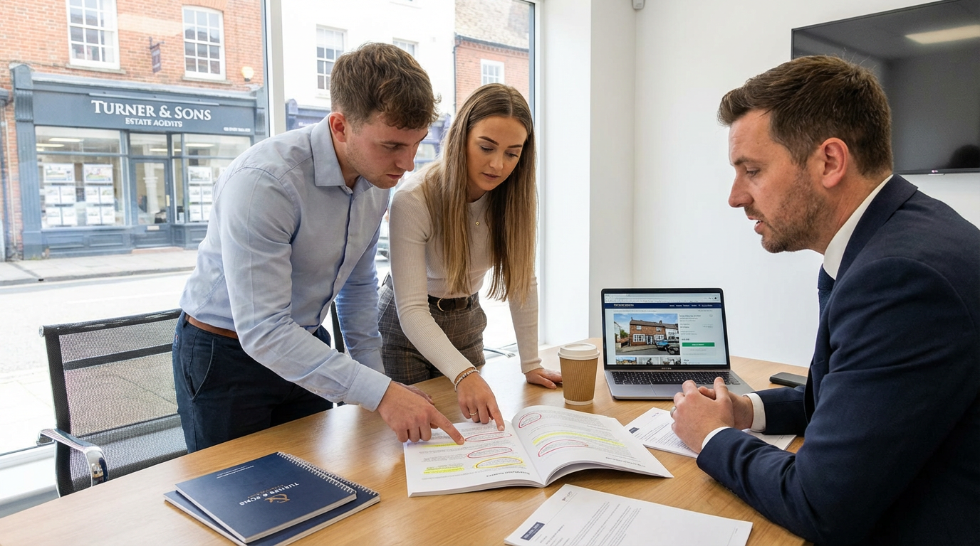 Young couple reviewing a building survey report with an estate agent in Oxford to negotiate price