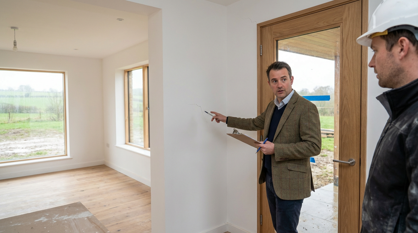 Professional snagging inspector checking details of a new build property in Oxfordshire
