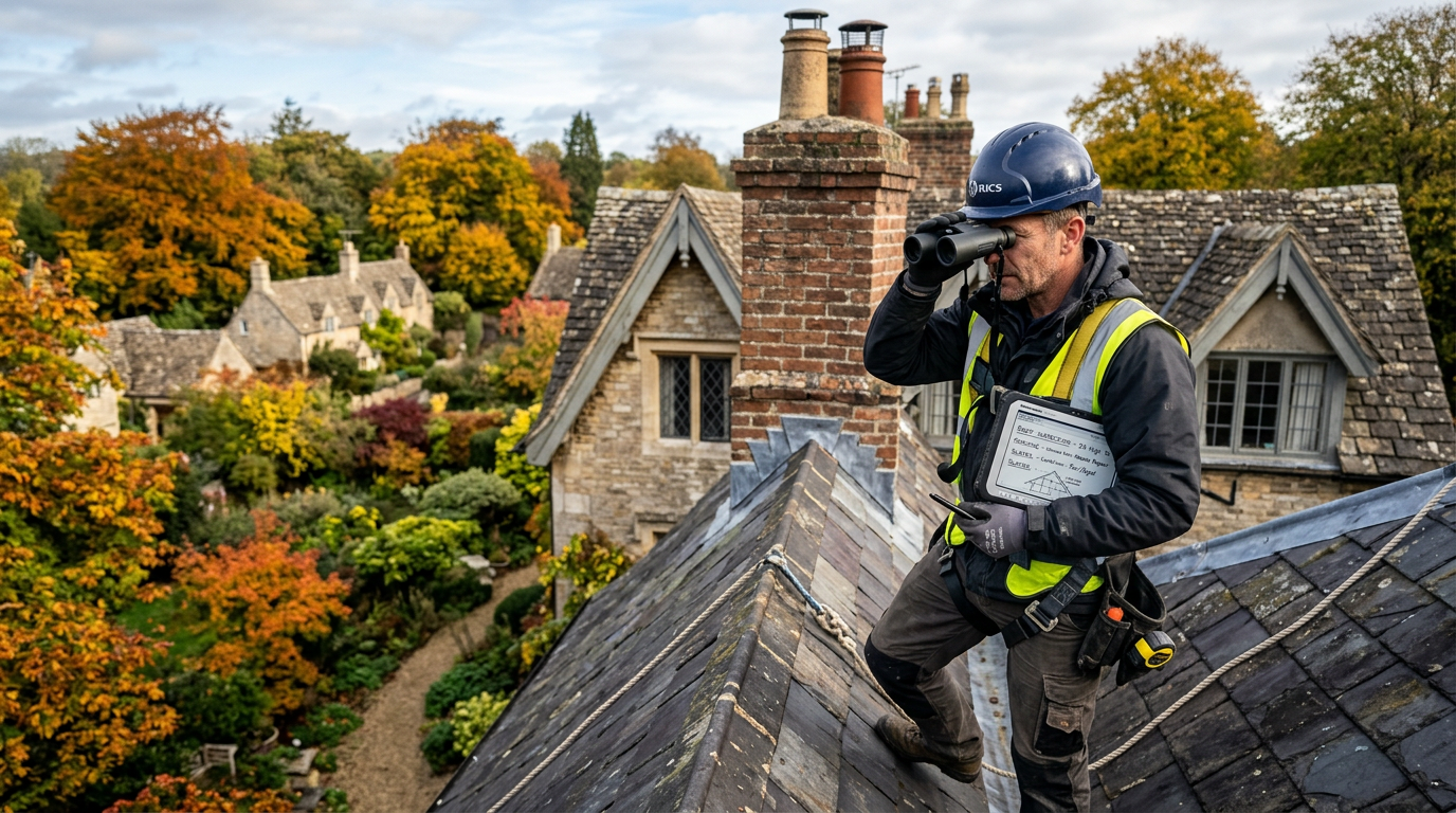 Surveyor inspecting roof tiles and flashings on a period Oxford property