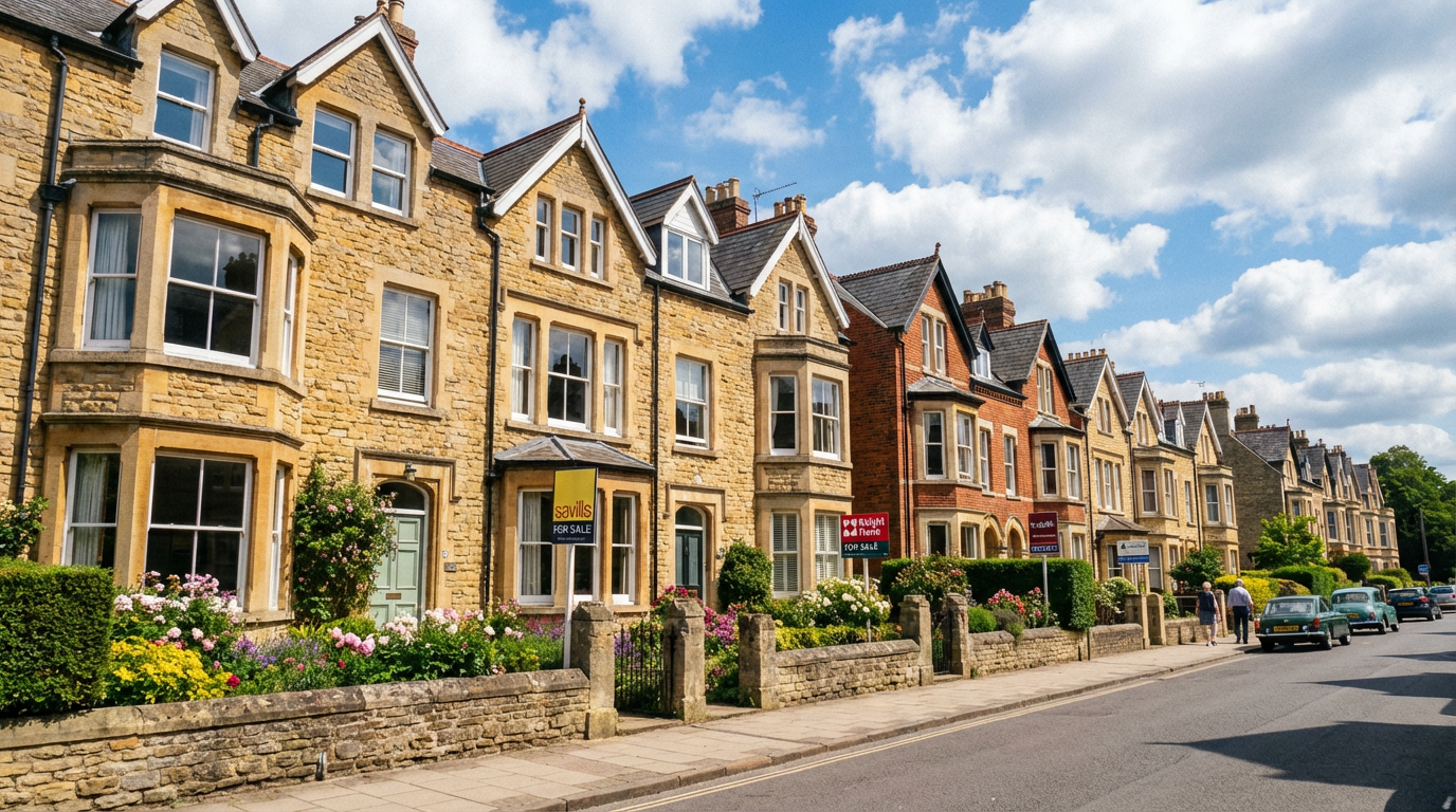 Traditional Victorian terraced houses in Oxford on a sunny day