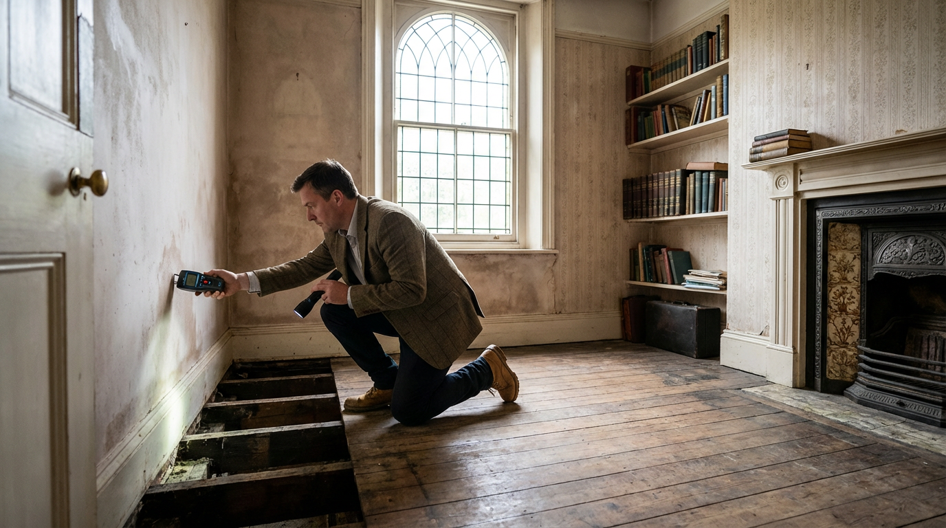Chartered surveyor conducting detailed Level 3 building survey inspection inside an Oxford Victorian property